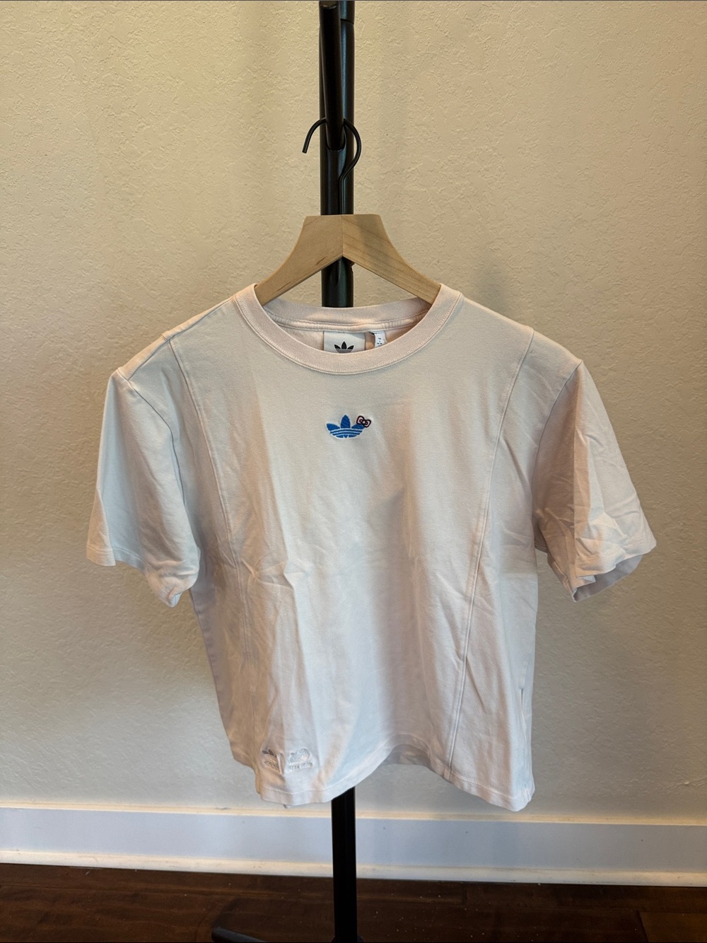 adidas White Short Sleeve Crop Tee with Blue Logo